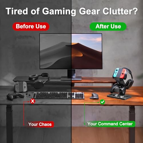 Solid Wood Controller Holder and Headphone Stand, Controller Stand for Desk | Dual Gaming Controller Organizer Rack, Fits Xbox, PS4, PS5, Gamepad, Headset Holder for Son, Husband, Boyfriend-Black