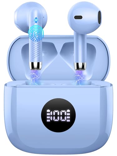 Wireless Earbuds, Bluetooth Headphones 5.4, HiFi Stereo, In-Ear Earbuds | 6D Bass Stereo, 4 ENC Noise Cancelling Mics, 40H Playtime Sport Earbuds, Charging Case, IP7 Waterproof Earphones, LED Display - color: azure