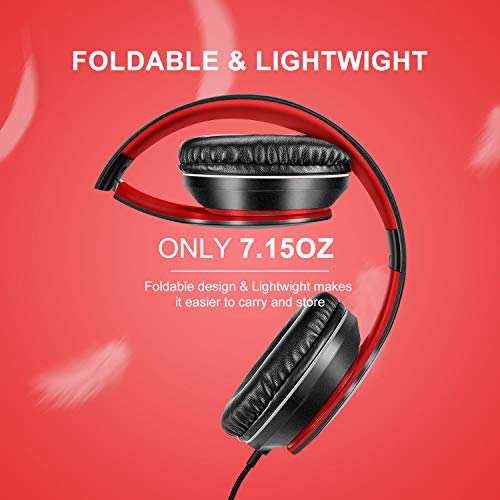 LORELEI X6 Over-Ear Headphones with Microphone, Lightweight Foldable & Portable Stereo Bass Headphones with 1.45M No-Tangle,Wired Headphones for Smartphone Tablet MP3 / 4 (Black-Red) - color: Black-red