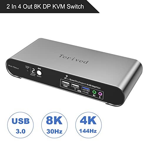 2 Port DP USB 3.0 Automatic KVM Switch Quad Monitor Two Computers Four DisplayPort Monitors, 8K@30Hz 4K@144Hz, Aluminum hotkey Audio Microphone, Digital Display, HDR10 with Cables - style: 2 Computers 4 DP Monitors USB 3.0