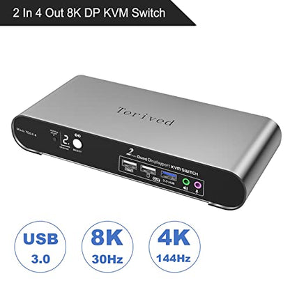 2 Port DP USB 3.0 Automatic KVM Switch Quad Monitor Two Computers Four DisplayPort Monitors, 8K@30Hz 4K@144Hz, Aluminum hotkey Audio Microphone, Digital Display, HDR10 with Cables - style: 2 Computers 4 DP Monitors USB 3.0