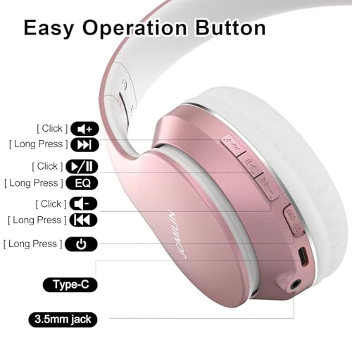 JOMILIN B9 Bluetooth Headphones Over-Ear, 3 EQ Music Modes and 50H Playtime Wireless Headphones with Mic, Hi-fi Stereo Lightweight Folding Headset, Volume Control for Travel Tablet PC (Rose Gold) - color: Rose Gold