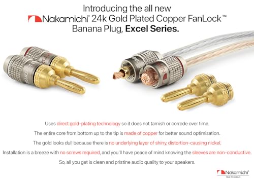 Nakamichi FanLock Excel Series 24k Gold Plated Banana Plugs, 10-18 AWG | Gauge Size 4mm for Speakers Amplifier Hi-Fi Stereo Radio AV Receiver Audio Wire Cable Quick Connector, 10 Pcs (5-Pairs) - size: 10 Pcs (5-Pairs)