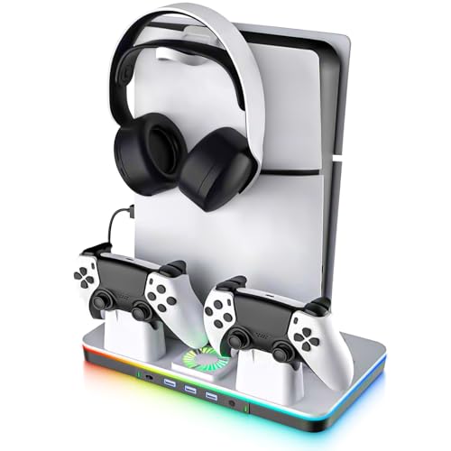 G-STORY Stand & Cooling Station for PS5/Pro/Slim, Dual Controller Charger, RGB Fan, Headset Holder
