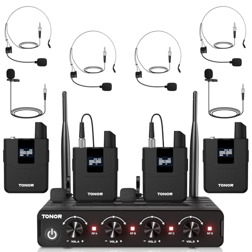 TONOR Wireless Microphones System with UHF Headset/Lavalier Lapel Mics, Bodypack Transmitter, Receiver, 4 * 10 Channels, 60 m/200ft Range for Church Conference Performance Singing Karaoke PA Speaker - style: 4 Bodypack Mics