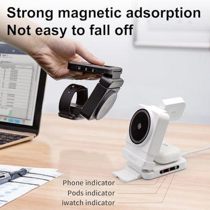 Foldable Wireless Charging Station, White, with 30W Adapter | Portable Magnetic Travel Charging Stand for iPhone & Samsung, Apple Watch & Galaxy Watch, AirPods & Galaxy Buds