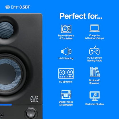 PreSonus Eris 3.5 Bluetooth Powered Studio Monitors, Pair —| | 50W, Woven-Composite Woofer, Silk-Dome Tweeter, Black - color: Black, size: 3.5" Bluetooth
