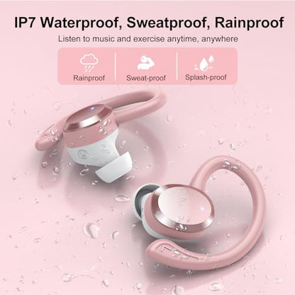 sprtoybat Wireless Earbuds, 2026 New Bluetooth 5.4 Headphones Sport Earphones with 68Hrs Playtime LED Display ENC Noise Cancelling Mic, IPX7 Waterproof Over Ear Ear Buds with Hook for Sports/Running - color: Gold Pink