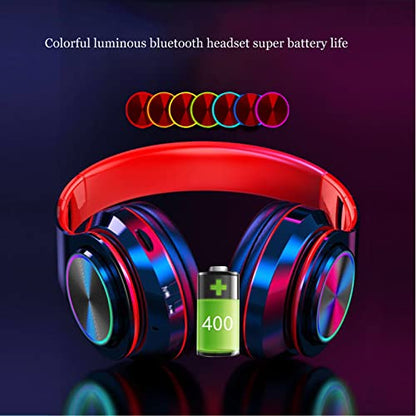 Wireless Bluetooth Headphones with Colorful LED Lights, Black Red | HiFi Stereo Sound,Light Weight,Foldable,Colorful Backlit,Rechageable,Over Ear Headset for PC/Travel/Class/Office/Kids/Adult - color: Black