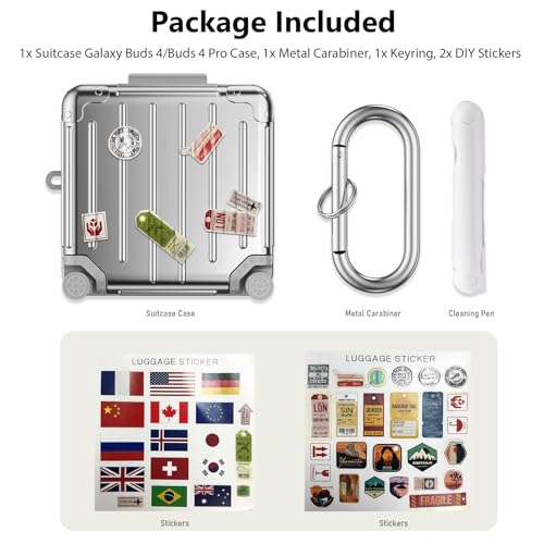 KOREDA Compatible with Samsung Galaxy Buds 4 Case/Buds 4 Pro Case Cover, Cute Funny Suitcase Design Case for Galaxy Buds 4 Pro, Fashion Protective Hard Case for Women Men with Keychain (Silver) - color: Silver
