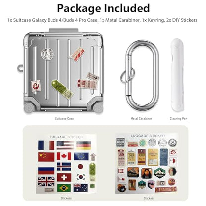 KOREDA Compatible with Samsung Galaxy Buds 4 Case/Buds 4 Pro Case Cover, Cute Funny Suitcase Design Case for Galaxy Buds 4 Pro, Fashion Protective Hard Case for Women Men with Keychain (Silver) - color: Silver