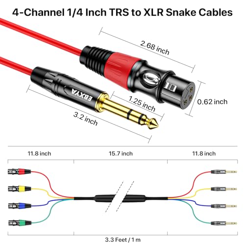 EBXYA 4 Channel 1/4 Inch TRS to XLR Snake Cables,Recording Snake Cable | 6.35mm Jack Stereo Audio Balanced Line to XLR Microphone Cables,3 Feet 1 Pack - size: 4-Channel 3 Feet, style: TRS to XLR Female