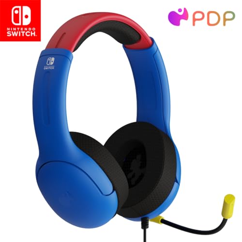 PDP Gaming AIRLITE Stereo Headset with Mic for Nintendo Switch/Switch Lite/OLED - Wired Power Noise Cancelling Microphone, Lightweight, Soft Comfort On Ear Headphones 3.5mm Jack (Mario Dash Blue)