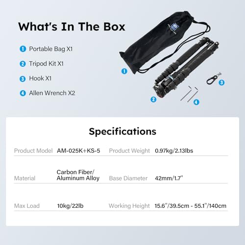 SIRUI AM-025K+KS-5 Carbon Fiber Travel Tripod, Ball Head, 55.1" | 360° Pan, Quick Release Plate, Lightweight, Compact, DSLR, Mirrorless Camera, Travel, Outdoor Photography - style: 55.1" Compact Tripod