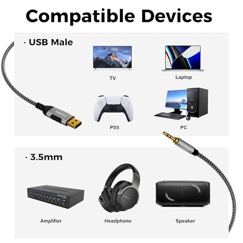 USB to 3.5mm Audio Cable 15 FT, USB A to 1/8’’ TRS Aux Jack Adapter, OFC, Nylon Braided, Gold-Plated Connector, for PC, Laptop, Speaker, PS5/4 Windows, Headphones, Not for Recording and Microphone - size: 15FT