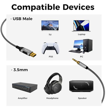 USB to 3.5mm Audio Cable 15 FT, USB A to 1/8’’ TRS Aux Jack Adapter, OFC, Nylon Braided, Gold-Plated Connector, for PC, Laptop, Speaker, PS5/4 Windows, Headphones, Not for Recording and Microphone - size: 15FT