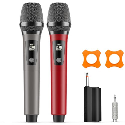 Wireless Microphones, Professional Dual Karaoke Microphones, Wireless Dynamic Microphone System Set with Rechargeable Receiver for Home Party, Speech, Wedding, Church, PA System - color: Red