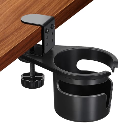 Desk Cup Holder Clamp, Anti-Spill Clip On Table Cup Holder Rotatable | Water Bottle Stand Drink Coffee Mug Storage, Office Accessories for Home and School (Black) - color: Black
