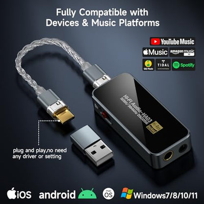 HA03 USB C to Aux Headphone Amp DAC Dongle Dual CS43131 and CB5100 Chips, DAC Hi-Res Amplifier with 4.4MM and 3.5MM Dual Headphones Outputs Portable Balanced DAC for Smart/Laptop/PC/Music Players