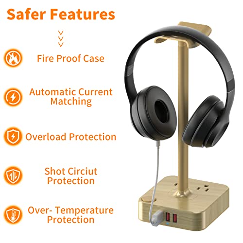 Headphone Stand with 3 USB Charger Desk Gaming Headset Holder Hanger Rack with 3 USB Charging Ports and 2 AC Outlets - Suitable for Gamer Desktop Table Game Earphone Accessories Boyfriend Gifts