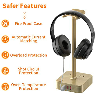 Headphone Stand with 3 USB Charger Desk Gaming Headset Holder Hanger Rack with 3 USB Charging Ports and 2 AC Outlets - Suitable for Gamer Desktop Table Game Earphone Accessories Boyfriend Gifts