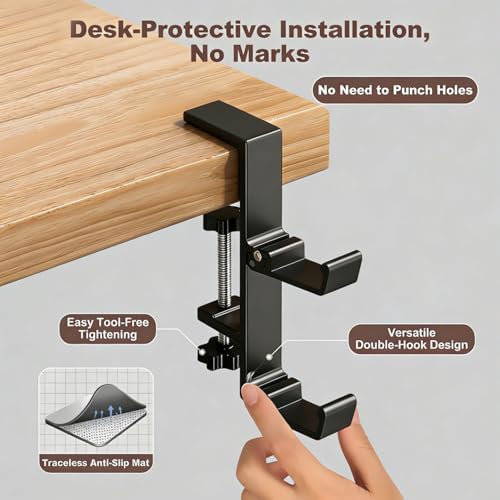 Heavy Duty Desk Hook Clamp, Headphone Stand, Backpack Hanger with Adjustment, No Drill Purse Hook for Table for Office, Computer, Student Class Desk, Handmade Creator Table