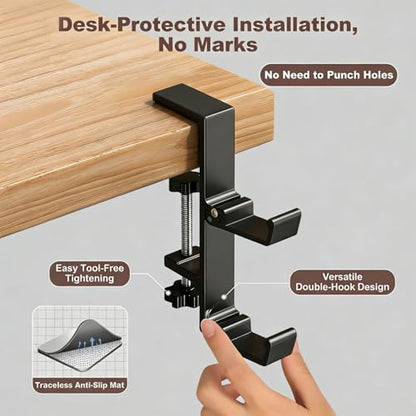 Heavy Duty Desk Hook Clamp, Headphone Stand, Backpack Hanger with Adjustment, No Drill Purse Hook for Table for Office, Computer, Student Class Desk, Handmade Creator Table