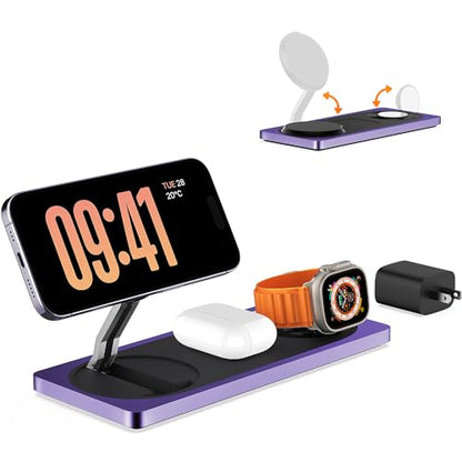 Mag-Safe Charger Stand, 3-in-1 Magnetic Wireless Charging Station for Apple Devices, iPhone 15/14/13/12 Series, Apple Watch, AirPods Pro (Purple) | For iPhone 17/Air/16/15/14/13/12, AirPods & Apple Watch, Foldable Portable Aluminum Charging Stand, Adapter