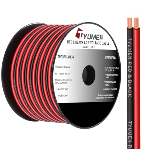 TYUMEN 12 Gauge Red Black Wire 50FT, 12/2 AWG Electrical Wire 12V/24V DC Cable, 12AWG 2 Conductor Flexible Copper Claded Aluminum Extension Cord for LED Ribbon Lamp Tape Lighting, in-Home, Autos Use - size: 50 Feet, style: 12/2 Gauge