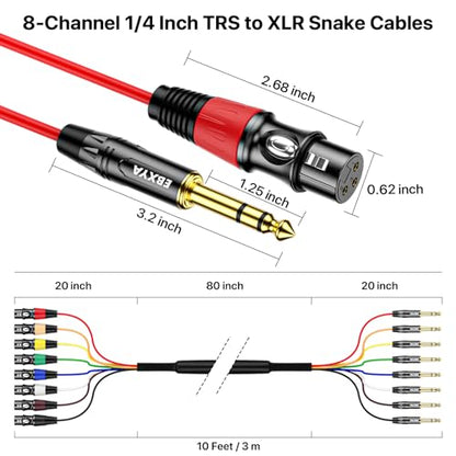 EBXYA 8 Channel 1/4 Inch TRS to XLR Snake Cables,Recording Snake Cable | 6.35mm Jack Stereo Audio Balanced Line to XLR Female Cables,10 Feet 1 Pack - size: 8-Channel 10 Feet, style: TRS to XLR Female