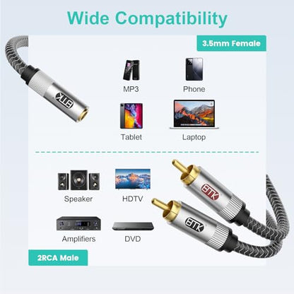 EMK 3.5mm Female to 2RCA Male Jack Stereo Audio Cable RCA to Aux Cable Gold Plated RCA Y Splitter for Smartphone,MP3,Tablets,HiFi Stereo System 3Ft/1M - color: 3.5mm Female to 2 RCA Male Silver, size: 3 Ft/1M, style: 3.5mm to 2RCA
