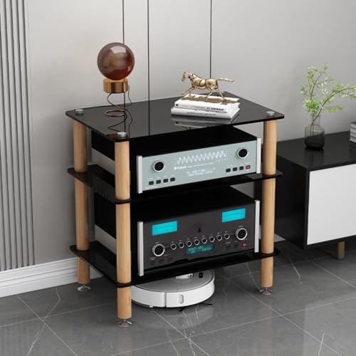 Audio Component Rack, Stereo Rack with 8mm Tempered Glass Shelves, Solid Wood Columns & Anti-Vibration Metal Feet for Power Amplifier, Stereo Receiver, Turntable & AV Equipment(Black,3 Tier) - color: Black, size: 3 Tier