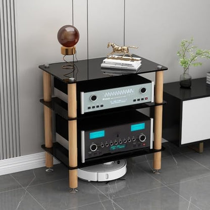 Audio Component Rack, Stereo Rack with 8mm Tempered Glass Shelves, Solid Wood Columns & Anti-Vibration Metal Feet for Power Amplifier, Stereo Receiver, Turntable & AV Equipment(Black,3 Tier) - color: Black, size: 3 Tier