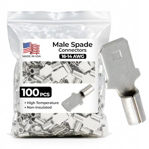 100 Pcs High Temperature Non-Insulated Male Spade Connectors - 16-14 Gauge Quick Disconnect .250 Tab - Wire Splice Connectors for Strong Crimps in Electrical Wire Terminals - Made in USA - size: 16-14 AWG Male 1/4" Tab