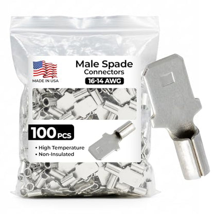 100 Pcs High Temperature Non-Insulated Male Spade Connectors - 16-14 Gauge Quick Disconnect .250 Tab - Wire Splice Connectors for Strong Crimps in Electrical Wire Terminals - Made in USA - size: 16-14 AWG Male 1/4" Tab