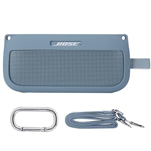 co2CREA Soft Silicone Case for Bose SoundLink Flex Bluetooth Speaker, Blue | Adjustable Shoulder Strap, Crossbody Carrying, Aluminum Carabiner, Lightweight - color: Stone Blue Case