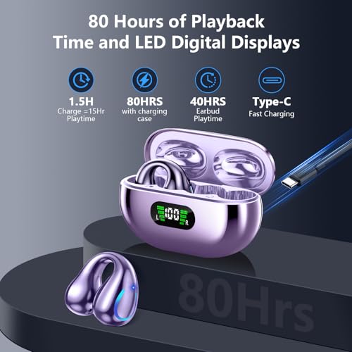Ultra Open Ear Headphones Bluetooth 5.3 Wireless Bone Conduction Clip On Earbuds with Digital Display Charging Case 60 Hours Playtime Sport Earphones IPX7 Waterproof for Running Fitness Purple