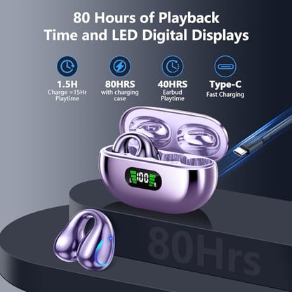 Ultra Open Ear Headphones Bluetooth 5.3 Wireless Bone Conduction Clip On Earbuds with Digital Display Charging Case 60 Hours Playtime Sport Earphones IPX7 Waterproof for Running Fitness Purple