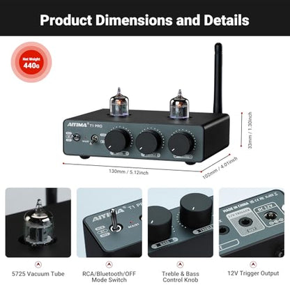 AIYIMA T1 PRO Vacuum Tube Preamplifier Bluetooth 5.1 with Treble Bass | 12V Trigger/RCA Out | Swappable Op-Amp & Tubes | Home Audio Pre-amp for 2.0/2.1 A07 MAX Stereo Amplifiers & Bookshelf Speaker