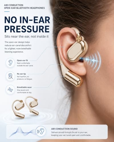 Air Conduction Open-Ear Bluetooth Headphones Wireless Sports Headphones with Mic, Lightweight Open-Ear Earbuds, Sweat Resistant Secure Fit Headset for Running Cycling Gym Walking(Black-1pc) - color: Black-1pc