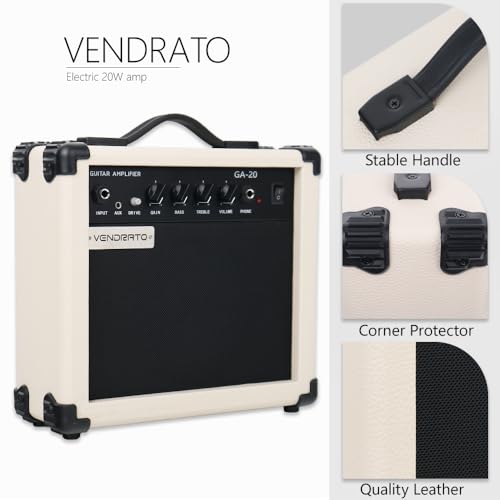 Electric Guitar Amplifier 20w amp Cream White Color gain bass Treble 3.5mm aux in Drive 6.5mm Guitar Input Headphone Portable for Beginner Starter Practice Travel amp noiseless Cable Pick and Adapter - color: White