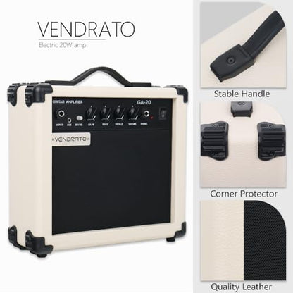Electric Guitar Amplifier 20w amp Cream White Color gain bass Treble 3.5mm aux in Drive 6.5mm Guitar Input Headphone Portable for Beginner Starter Practice Travel amp noiseless Cable Pick and Adapter - color: White
