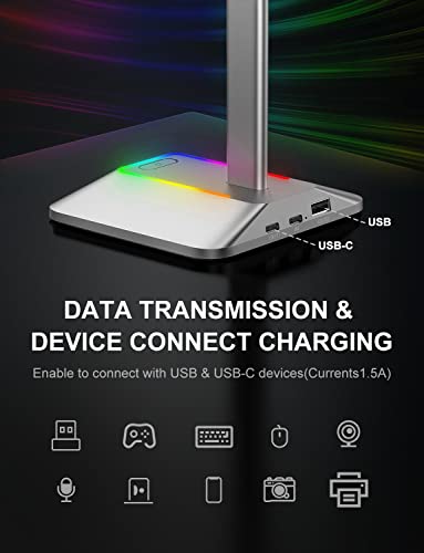 New Bee RGB Headphone Stand with 1 USB-C Charging Port and 1 USB Charging Port, Desk Gaming Headset Stand with 7 Light Modes and Non-Slip Rubber Base Suitable for All Earphone Accessories (Silver) | USB-C & USB Charging Ports, Stable Desktop Earphone Stan