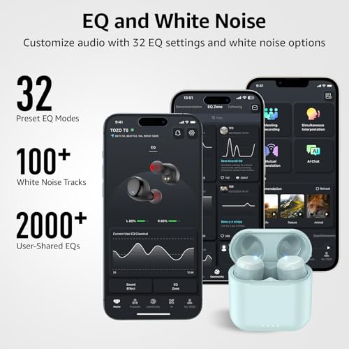 TOZO T6 Wireless Earbuds Bluetooth 5.3 Stereo Sound in Ear Headphones | 50H Playtime Wireless Charging Case App Customizable EQs IPX8 Waterproof Earphones Blue - color: Blue
