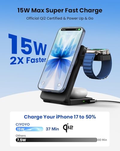 애플용 마그네틱 무선 충전 스테이션: 업그레이드된 QI2 인증 15W 3-in-1 Magsafe 무선 충전기 스탠드, 접이식 여행용 고속 충전기 아이폰 17 16 15 14 13 12 시리즈, 애플 워치, 에어팟용 - color: 퓨어 블랙.