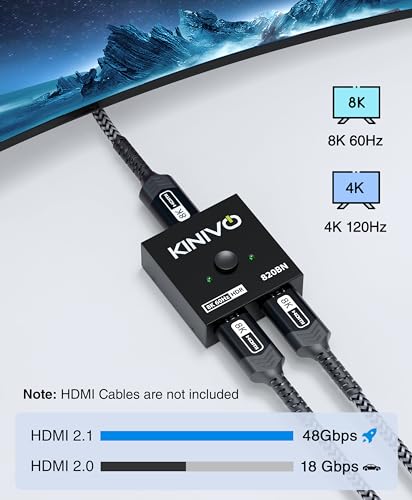 Kinivo 8K HDMI Switch 2 in 1 Out - (Uni-Directional, 8K 60Hz, Ultra HD Switcher Hub, 48Gbps HDMI Hub, HDR10+ Selector, Manual Switching Only) - Compatible with HDTV, PS5/4, Xbox, Projector - size: 8K - 2 Port