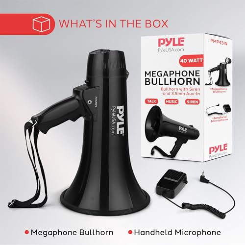 Pyle Megaphone Speaker PA Bullhorn - Built-in Siren 40 Watts Adjustable Vol Control & 1000 Yard Range - Football Soccer Baseball Hockey Basketball Cheerleading Fans Coaches & Safety Drills - PMP43IN, Black