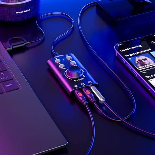Facmogu Voice Changer with Multi Sound Effects, Portable USB 3.0/ Type-C to 3.5mm Jack Game Voice Changer, Virtual 7.1 Surround Sound Voice Disguiser Device for PS4/ PS5/ Windows、MacOS PC/Laptop/Phone