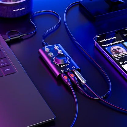 Facmogu Voice Changer with Multi Sound Effects, Portable USB 3.0/ Type-C to 3.5mm Jack Game Voice Changer, Virtual 7.1 Surround Sound Voice Disguiser Device for PS4/ PS5/ Windows、MacOS PC/Laptop/Phone