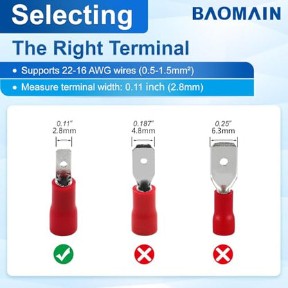 BAOMAIN 0.11" Female & Male Spade Terminals Kit 22-16 AWG 200-Pack - size: Male and Female